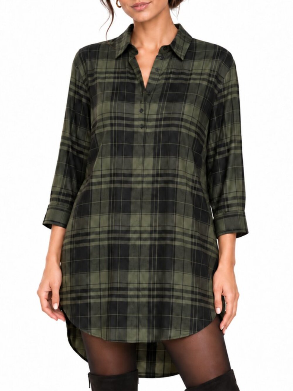 Alice + Olivia Black Dark Green Plaid Shirt Dress Size S